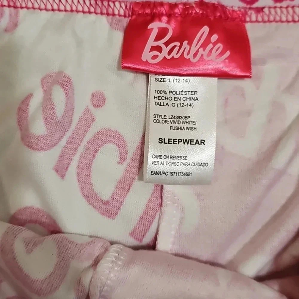 Barbie Womens Large Pajama Pants Pink White Split Logo Sleepwear Lounge Cozy Y2K - Picture 5 of 5